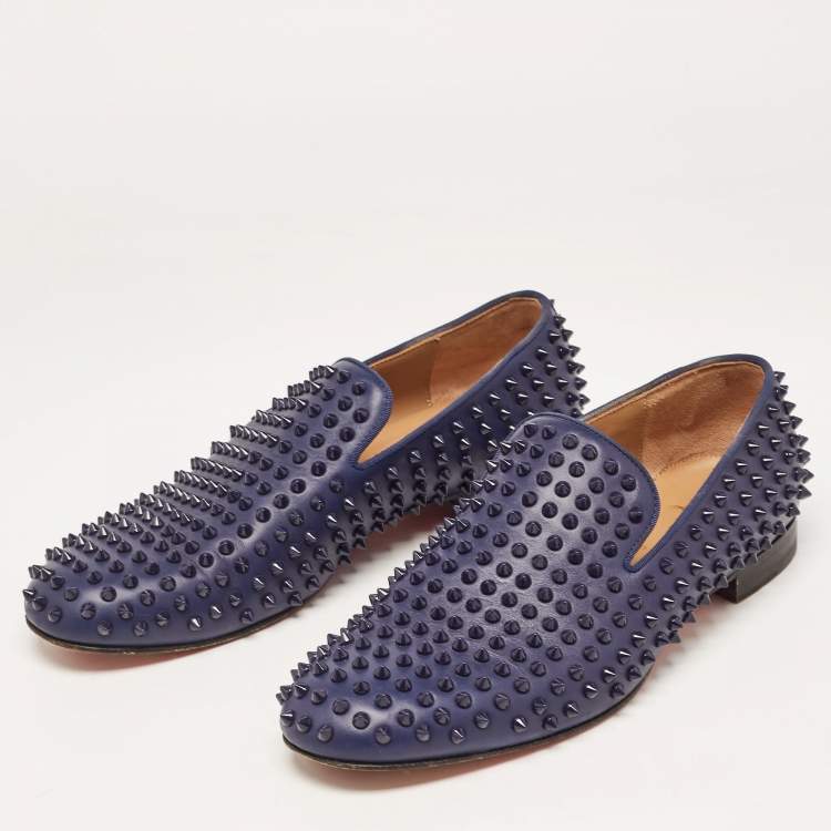 Pre Owned Christian Louboutin Navy Blue Leather Dandelion Spike Smoking Slippers Size 42.5