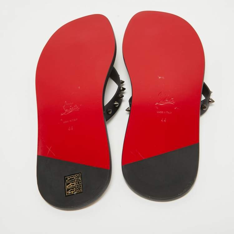 Pre Owned Christian Louboutin Black Leather Loubi Flip Spikes Thong Flat Slides Size 44