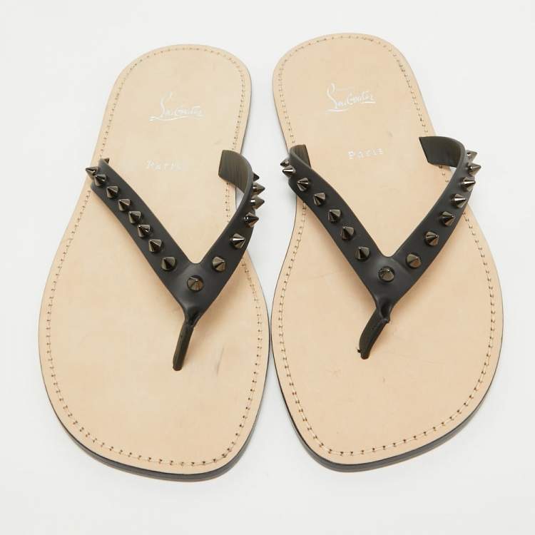Pre Owned Christian Louboutin Black Leather Loubi Flip Spikes Thong Flat Slides Size 44