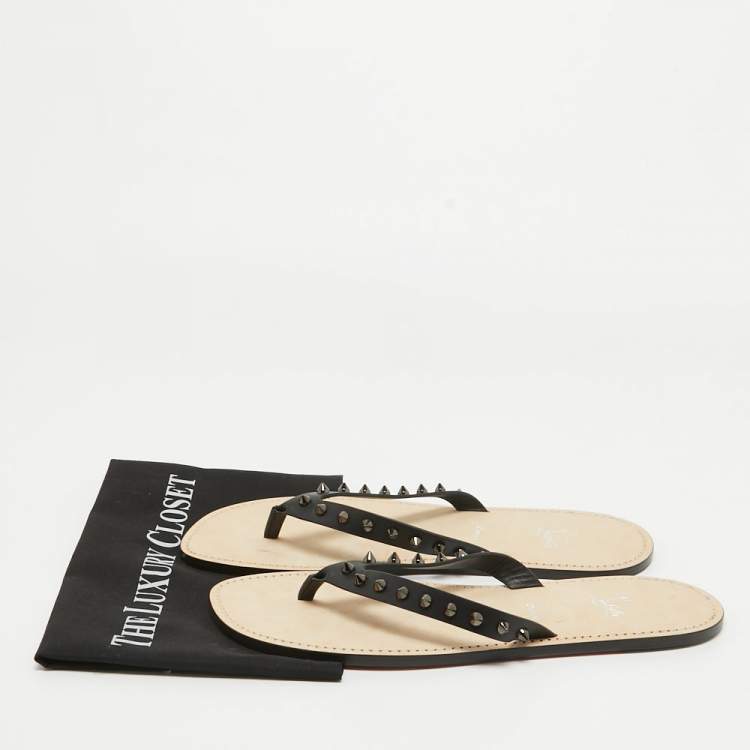 Pre Owned Christian Louboutin Black Leather Loubi Flip Spikes Thong Flat Slides Size 44