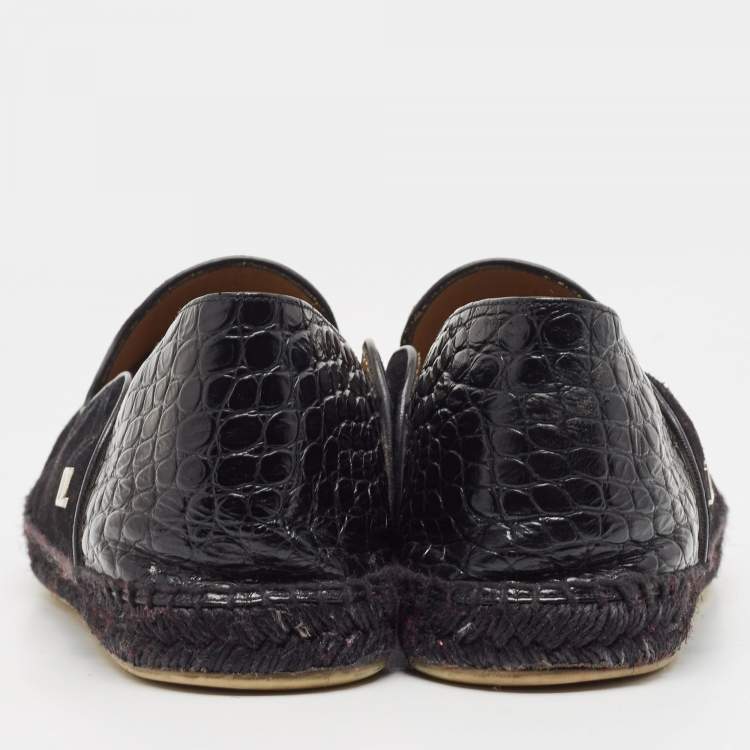 Pre Owned Christian Louboutin Black Suede and Croc Embossed Leather Espadon Espadrilles Size 45