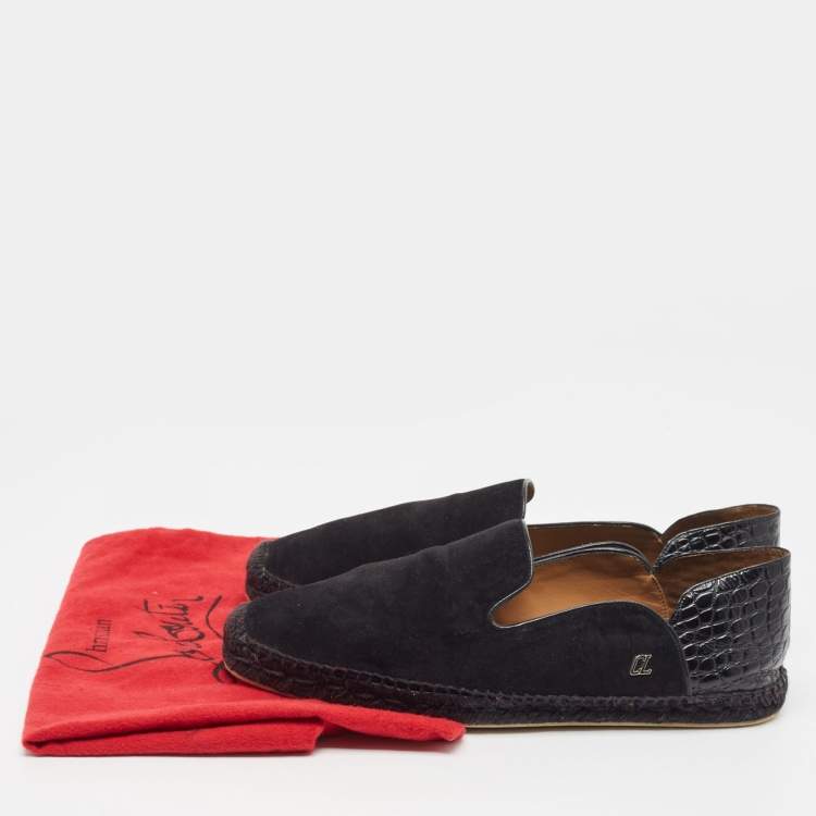 Pre Owned Christian Louboutin Black Suede and Croc Embossed Leather Espadon Espadrilles Size 45