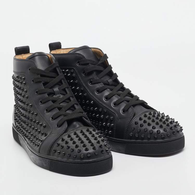 مملوكة مسبقًا Christian Louboutin Louis Black Leather Spike Cap Toe High Top Sneakers Size 48