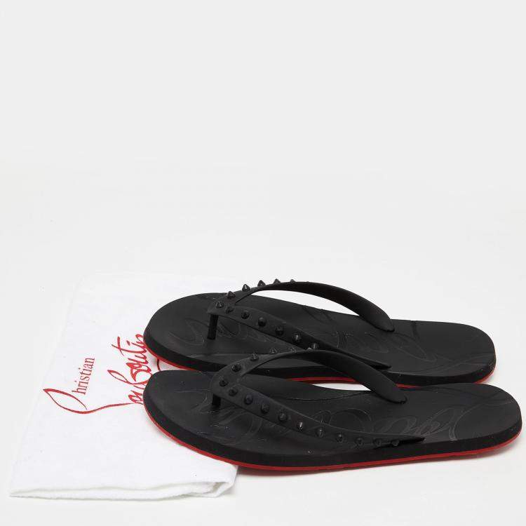 Pre Owned Christian Louboutin Black Rubber Flip Spikes Thong Flat Slides Size 46