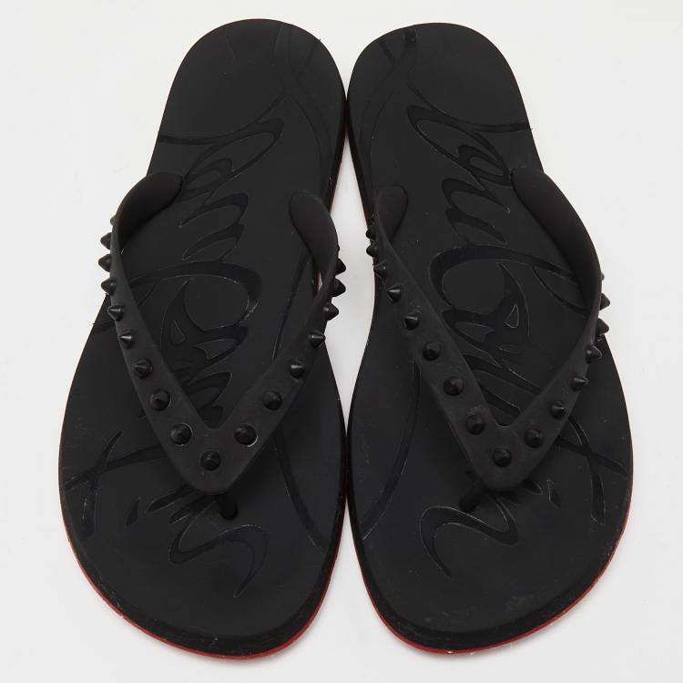 Pre Owned Christian Louboutin Black Rubber Flip Spikes Thong Flat Slides Size 46