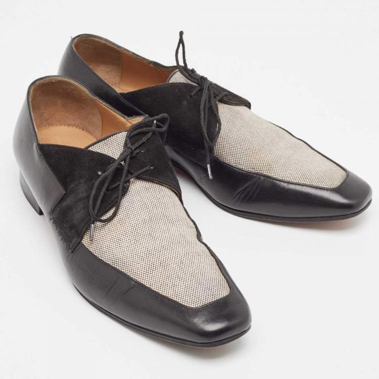 Pre Owned Christian Louboutin Black/Beige Leather and Canvas Orleans Lace Up Derby Size 41