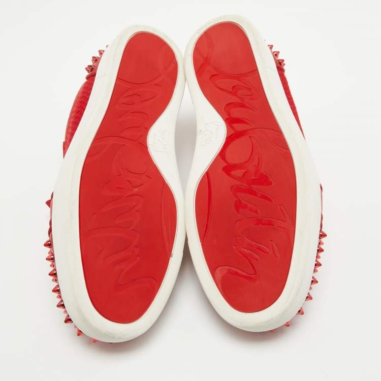 Pre Owned Christian Louboutin Red Mesh and Leather Vieira Spikes Low Top Sneakers Size 39