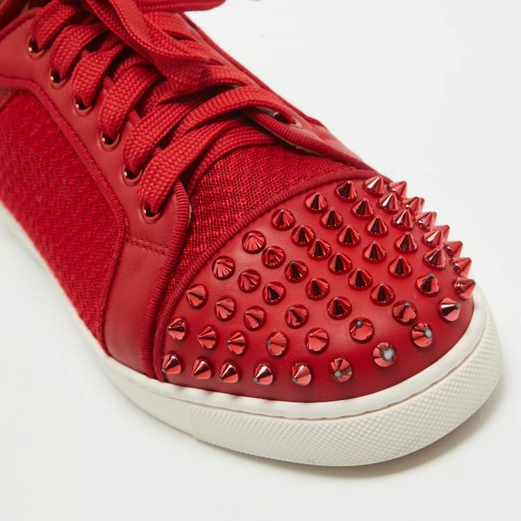 Pre Owned Christian Louboutin Red Mesh and Leather Vieira Spikes Low Top Sneakers Size 39