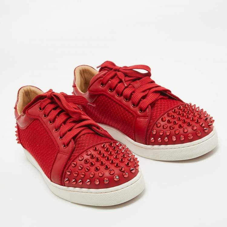 Pre Owned Christian Louboutin Red Mesh and Leather Vieira Spikes Low Top Sneakers Size 39