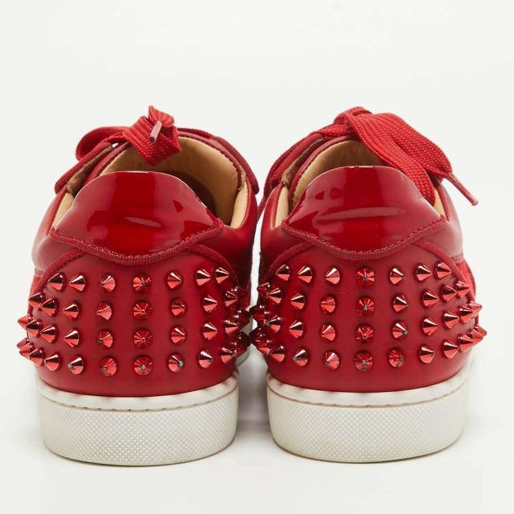 Pre Owned Christian Louboutin Red Mesh and Leather Vieira Spikes Low Top Sneakers Size 39