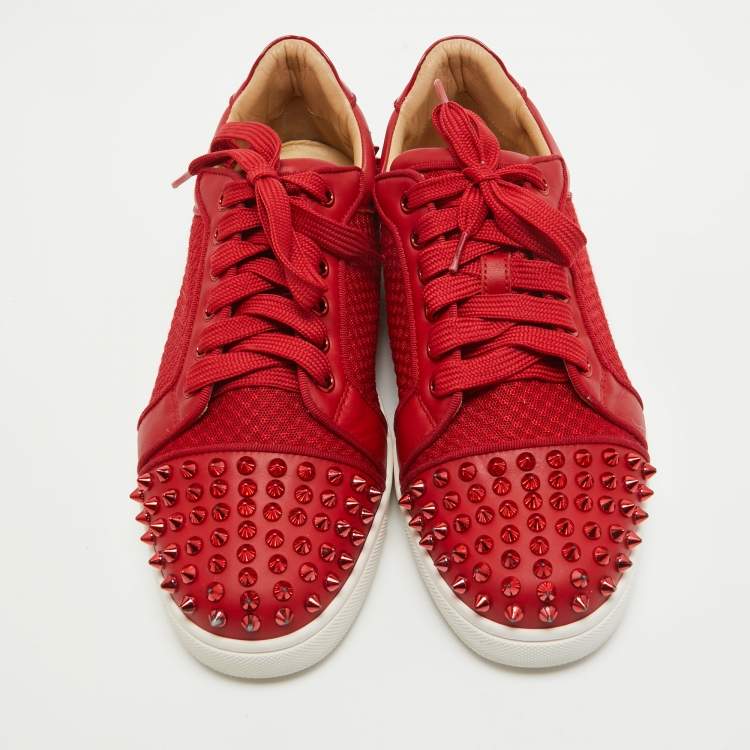 Pre Owned Christian Louboutin Red Mesh and Leather Vieira Spikes Low Top Sneakers Size 39