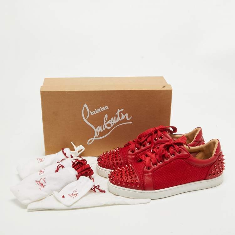 Pre Owned Christian Louboutin Red Mesh and Leather Vieira Spikes Low Top Sneakers Size 39