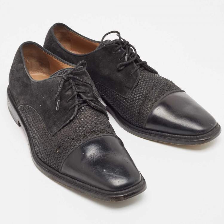 Pre Owned Christian Louboutin Black Suede Leather and Woven Raffia Greggo Cap Top Lace Derby Size 41