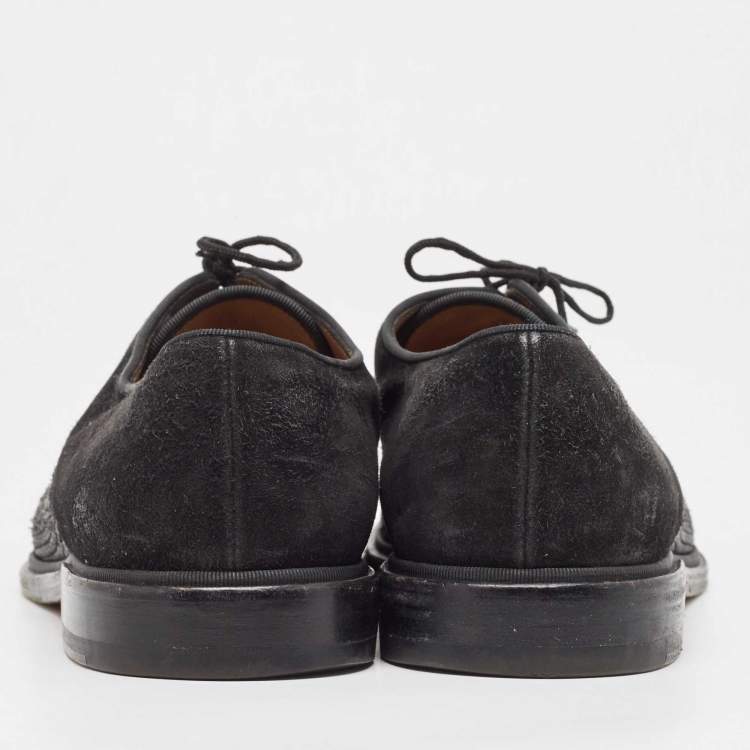 Pre Owned Christian Louboutin Black Suede Leather and Woven Raffia Greggo Cap Top Lace Derby Size 41