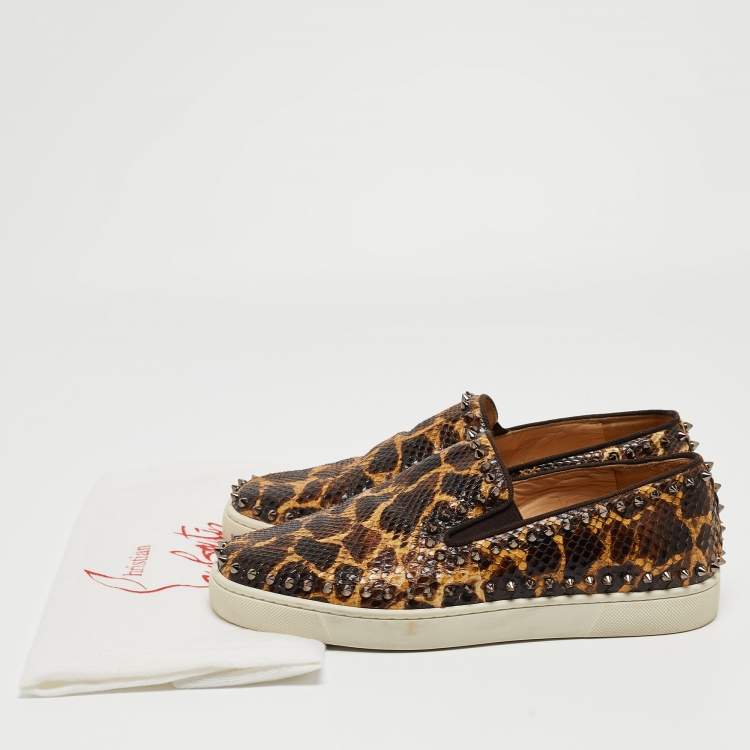 Pre Owned Christian Louboutin Brown/Beige Leopard Print Python Leather Spike Slip On Sneakers Size 42