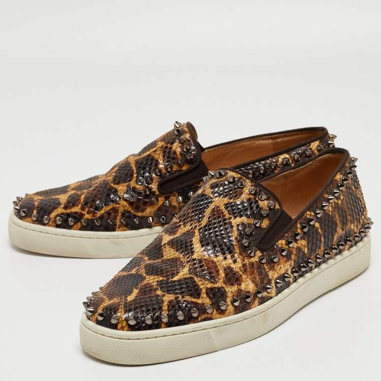 Pre Owned Christian Louboutin Brown/Beige Leopard Print Python Leather Spike Slip On Sneakers Size 42