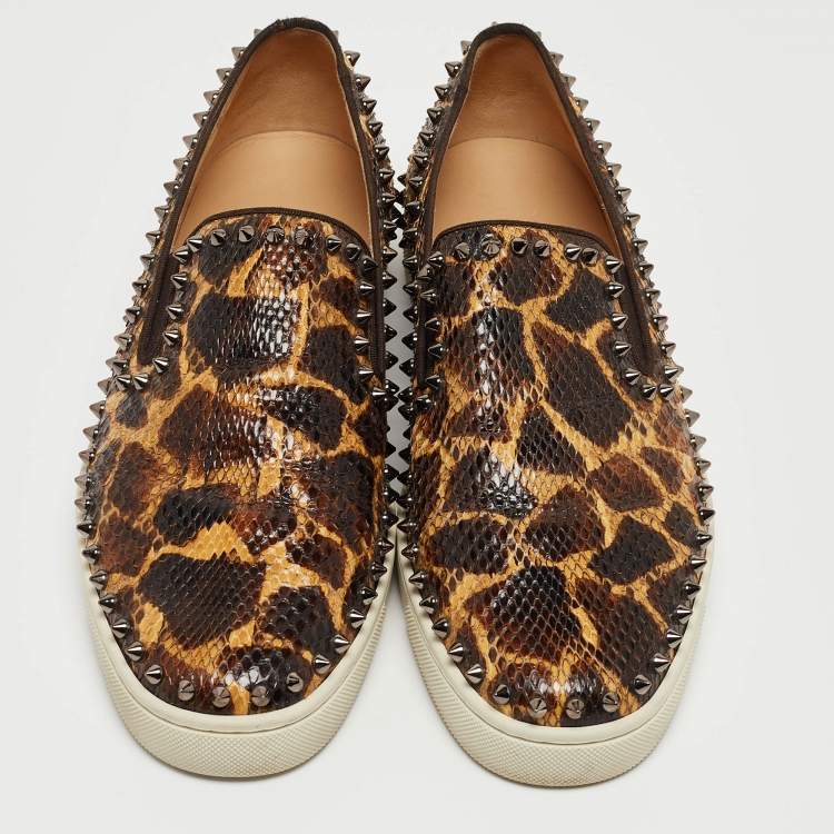 Pre Owned Christian Louboutin Brown/Beige Leopard Print Python Leather Spike Slip On Sneakers Size 42