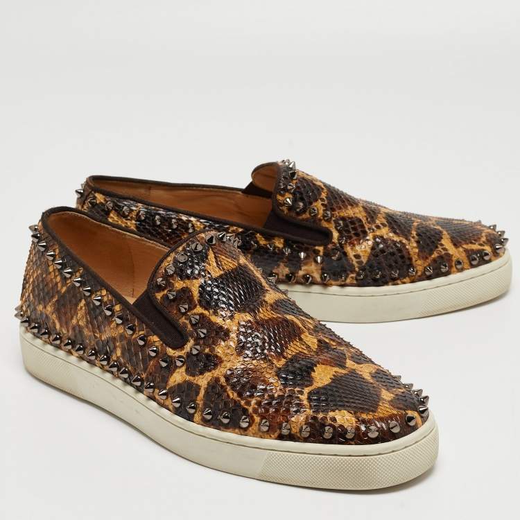 Pre Owned Christian Louboutin Brown/Beige Leopard Print Python Leather Spike Slip On Sneakers Size 42