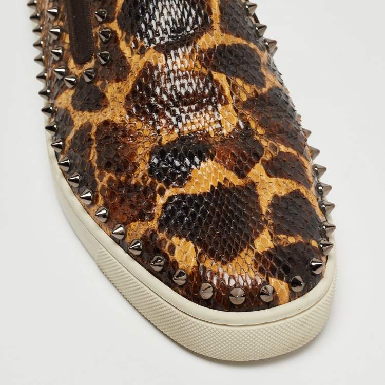 Pre Owned Christian Louboutin Brown/Beige Leopard Print Python Leather Spike Slip On Sneakers Size 42