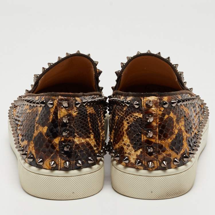 Pre Owned Christian Louboutin Brown/Beige Leopard Print Python Leather Spike Slip On Sneakers Size 42