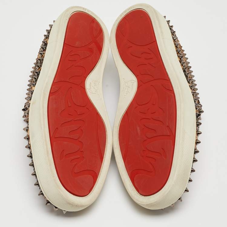 Pre Owned Christian Louboutin Brown/Beige Leopard Print Python Leather Spike Slip On Sneakers Size 42