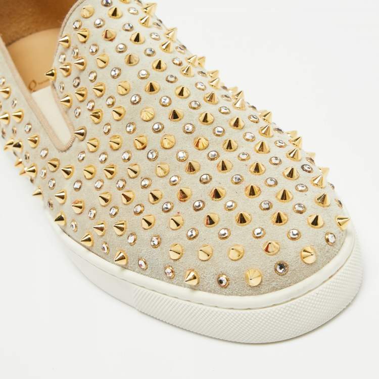 Pre Owned Christian Louboutin Light Green Suede Roller Boat Embellished Slip On Sneakers Size 42.5