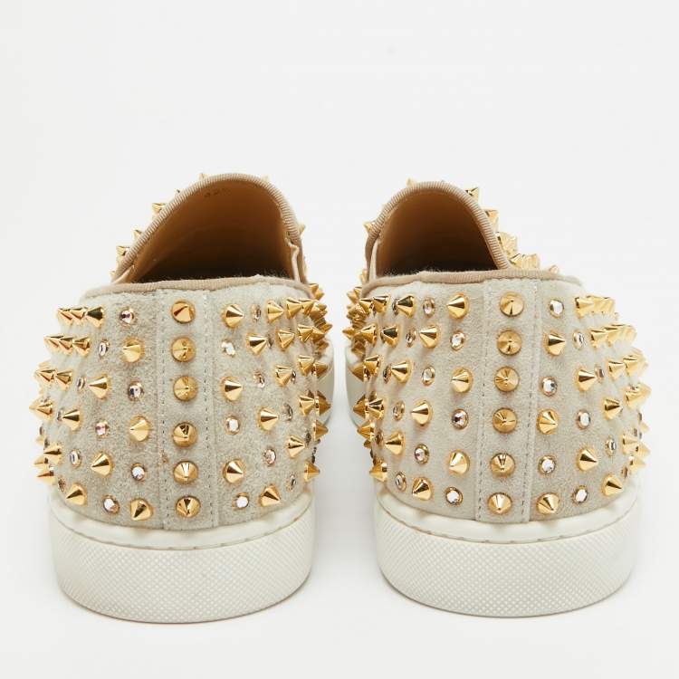 Pre Owned Christian Louboutin Light Green Suede Roller Boat Embellished Slip On Sneakers Size 42.5