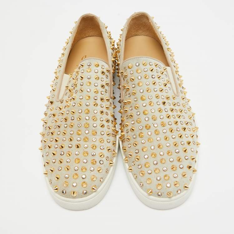 Pre Owned Christian Louboutin Light Green Suede Roller Boat Embellished Slip On Sneakers Size 42.5