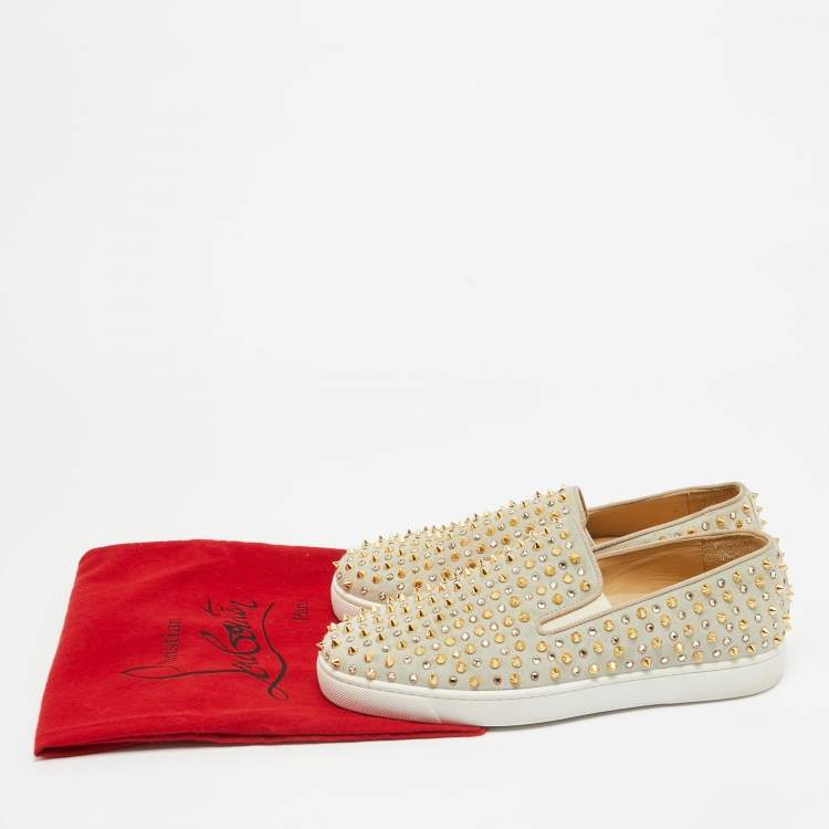 Pre Owned Christian Louboutin Light Green Suede Roller Boat Embellished Slip On Sneakers Size 42.5