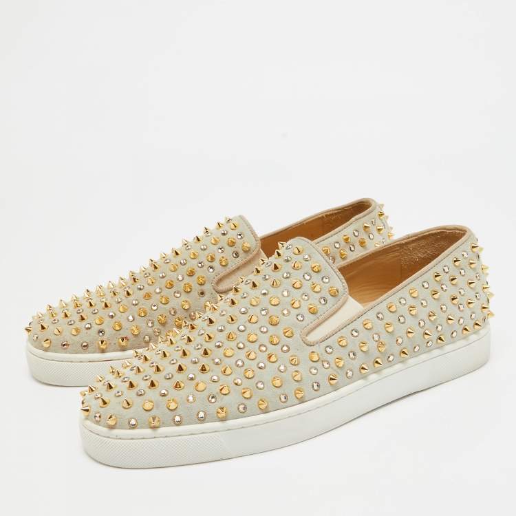Pre Owned Christian Louboutin Light Green Suede Roller Boat Embellished Slip On Sneakers Size 42.5
