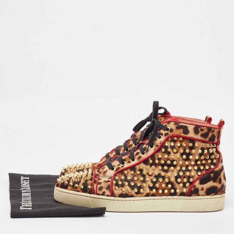 Pre Owned Christian Louboutin Two Tone Leopard Print Calf Hair Louis Spikes Sneakers Size 42