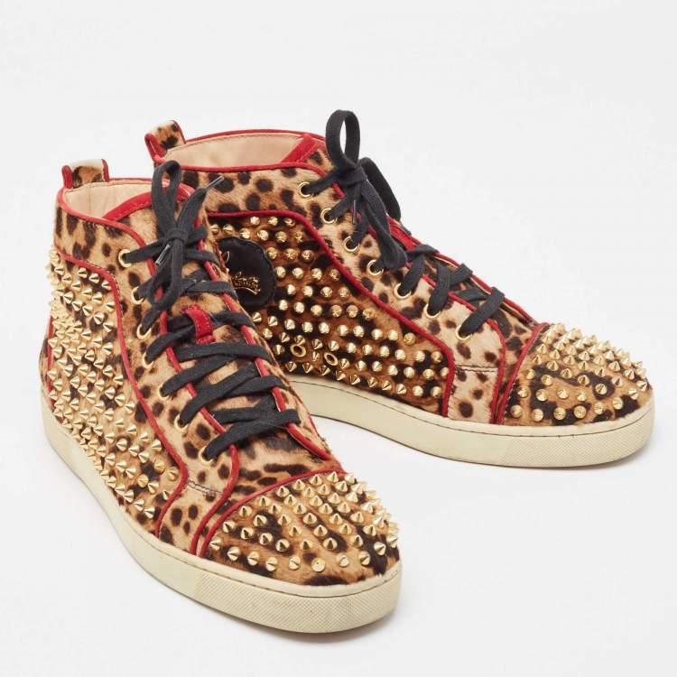 Pre Owned Christian Louboutin Two Tone Leopard Print Calf Hair Louis Spikes Sneakers Size 42