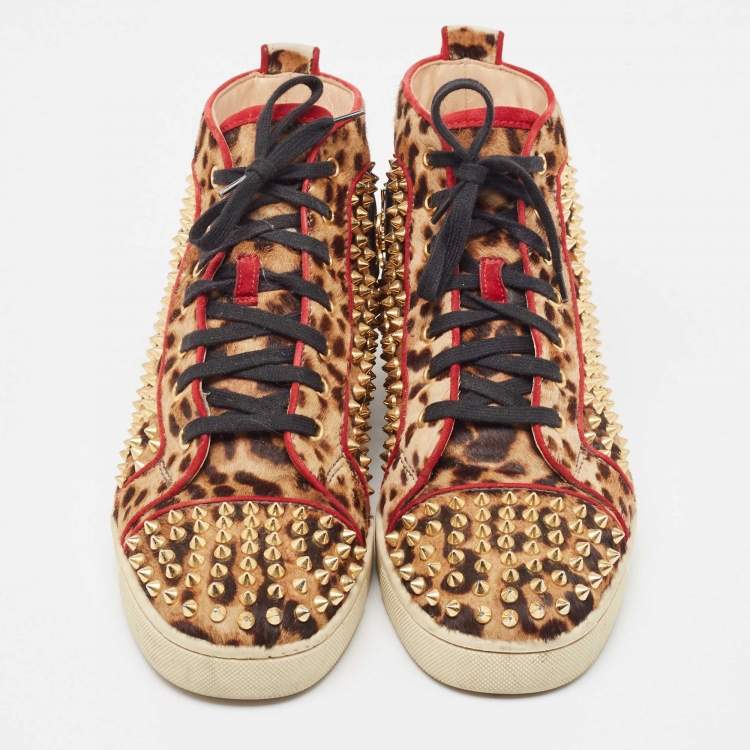 Pre Owned Christian Louboutin Two Tone Leopard Print Calf Hair Louis Spikes Sneakers Size 42