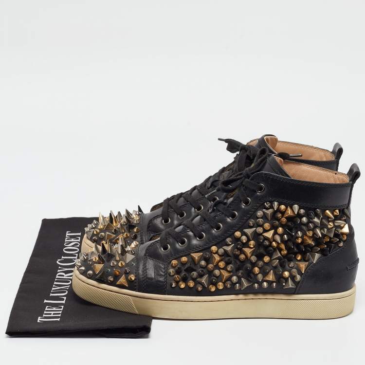 مملوكة مسبقًا Christian Louboutin Black Leather Spikes High Top Sneakers Size 42