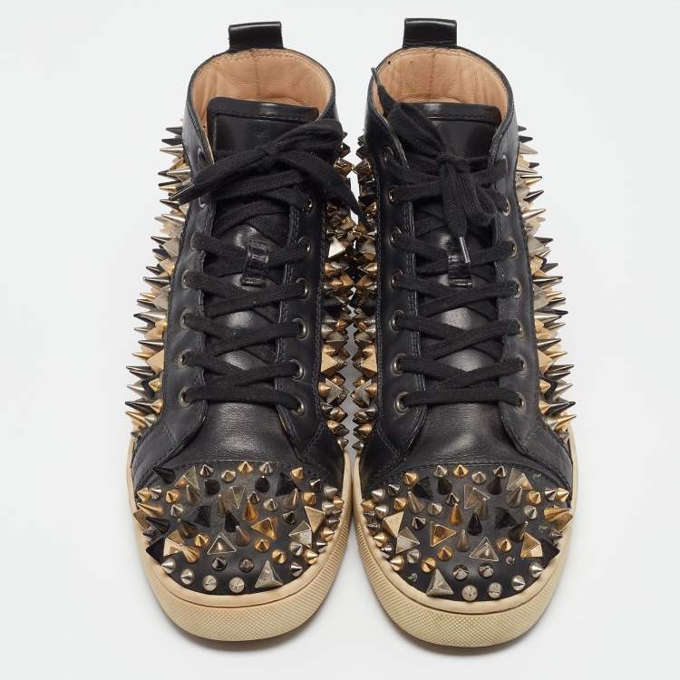 مملوكة مسبقًا Christian Louboutin Black Leather Spikes High Top Sneakers Size 42