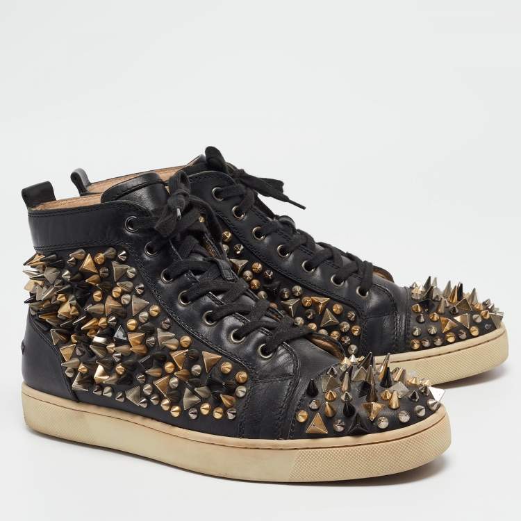 مملوكة مسبقًا Christian Louboutin Black Leather Spikes High Top Sneakers Size 42