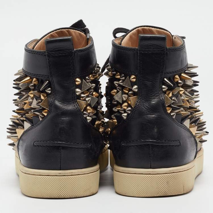 مملوكة مسبقًا Christian Louboutin Black Leather Spikes High Top Sneakers Size 42