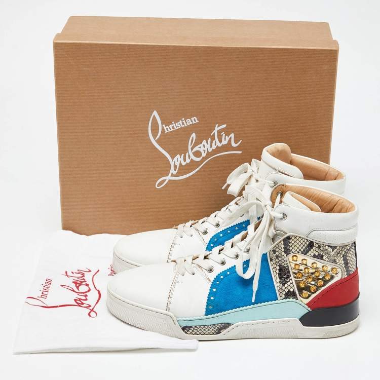 Pre Owned Christian Louboutin Multicolor Suede and Python Leather Loubikick High Top Sneakers Size 44.5