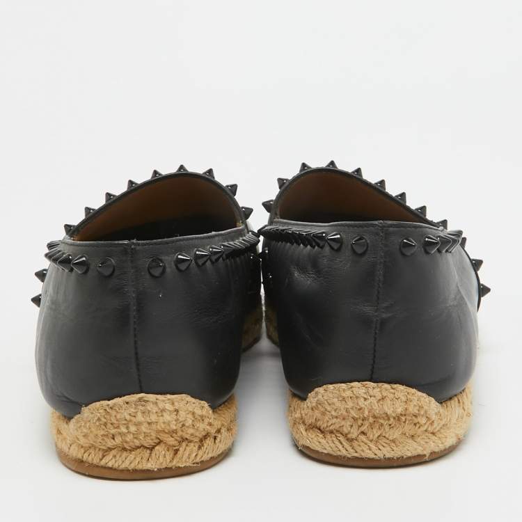 Pre Owned Christian Louboutin Black Leather Spikes Ares Espadrilles Flats Size  41