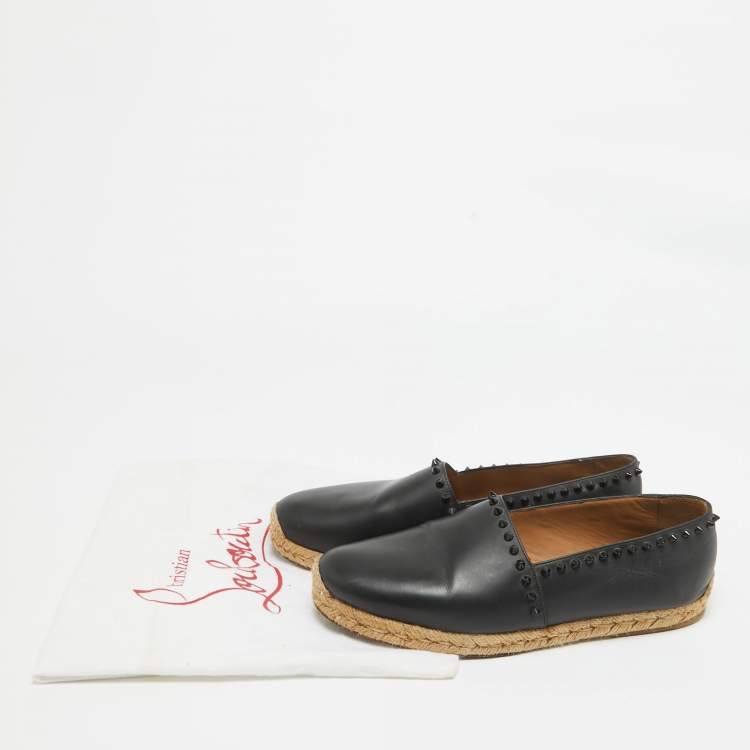 Pre Owned Christian Louboutin Black Leather Spikes Ares Espadrilles Flats Size  41