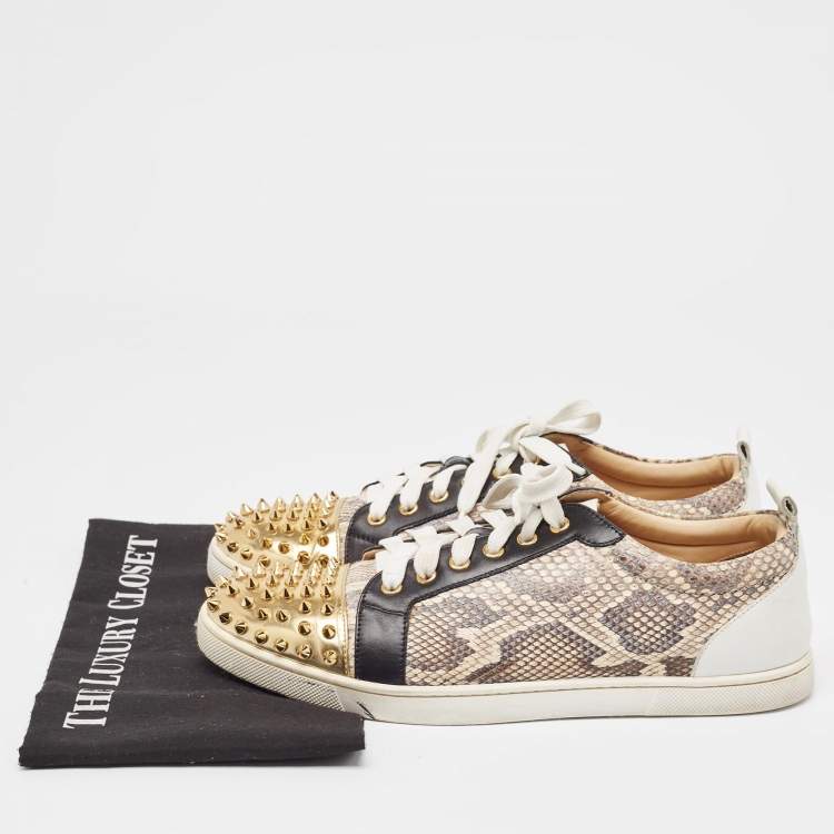 Pre Owned Christian Louboutin Tricolor Snakeskin and Leather Louis Junior Spikes Sneakers Size 41.5