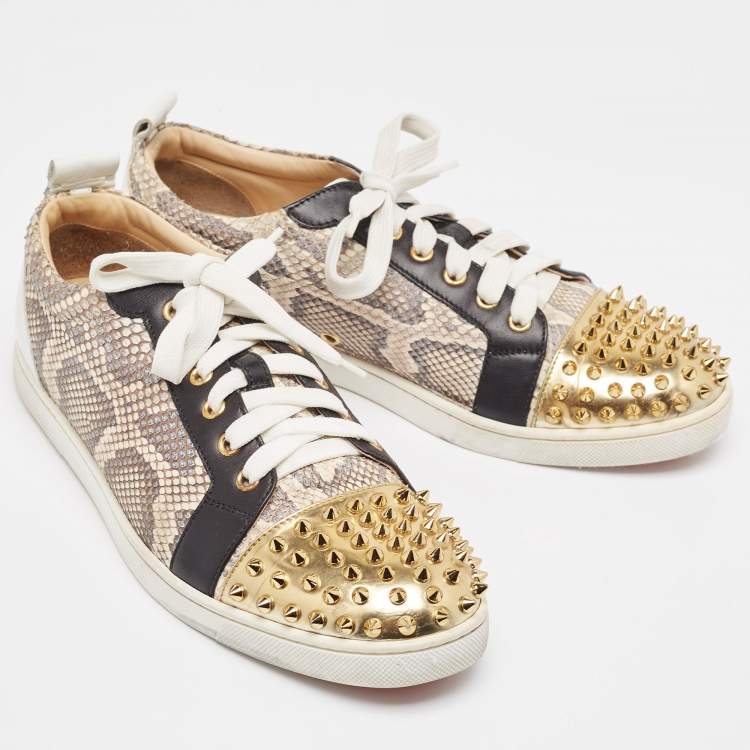 Pre Owned Christian Louboutin Tricolor Snakeskin and Leather Louis Junior Spikes Sneakers Size 41.5