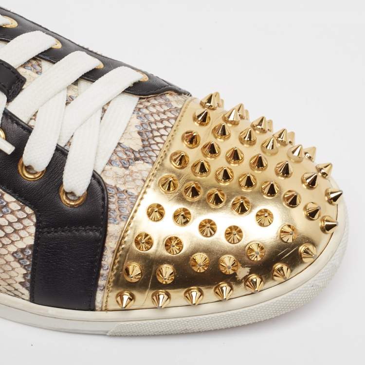 Pre Owned Christian Louboutin Tricolor Snakeskin and Leather Louis Junior Spikes Sneakers Size 41.5