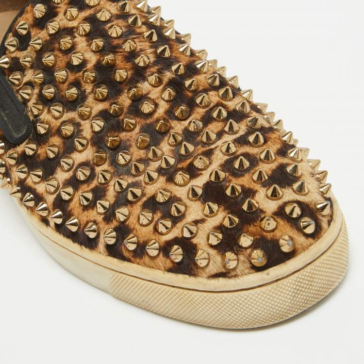 Pre Owned Christian Louboutin Beige/Brown Leopard Print Calf Hair Spike Pik Boat Sneakers Size 40.5