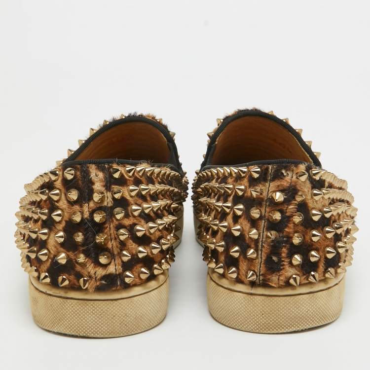 Pre Owned Christian Louboutin Beige/Brown Leopard Print Calf Hair Spike Pik Boat Sneakers Size 40.5