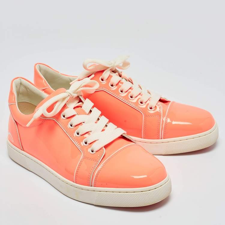 Pre Owned Christian Louboutin Neon Peach Patent Leather Louis Junior Low Top Sneakers Size 38.5