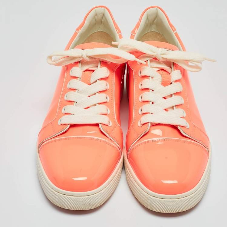 Pre Owned Christian Louboutin Neon Peach Patent Leather Louis Junior Low Top Sneakers Size 38.5