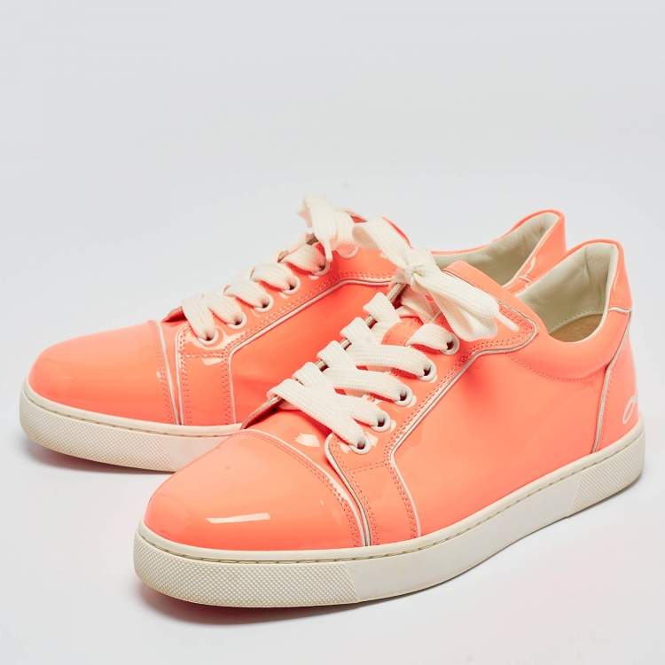 Pre Owned Christian Louboutin Neon Peach Patent Leather Louis Junior Low Top Sneakers Size 38.5