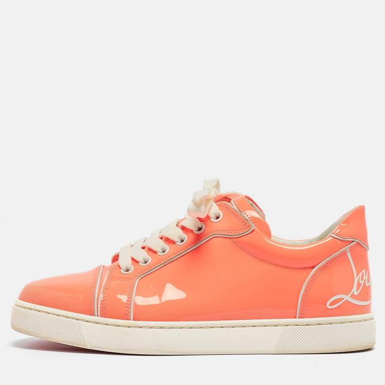 Pre Owned Christian Louboutin Neon Peach Patent Leather Louis Junior Low Top Sneakers Size 38.5