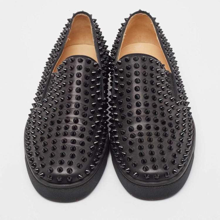Pre Owned Christian Louboutin Black Leather Spike Roller Boat Sneakers Size 42